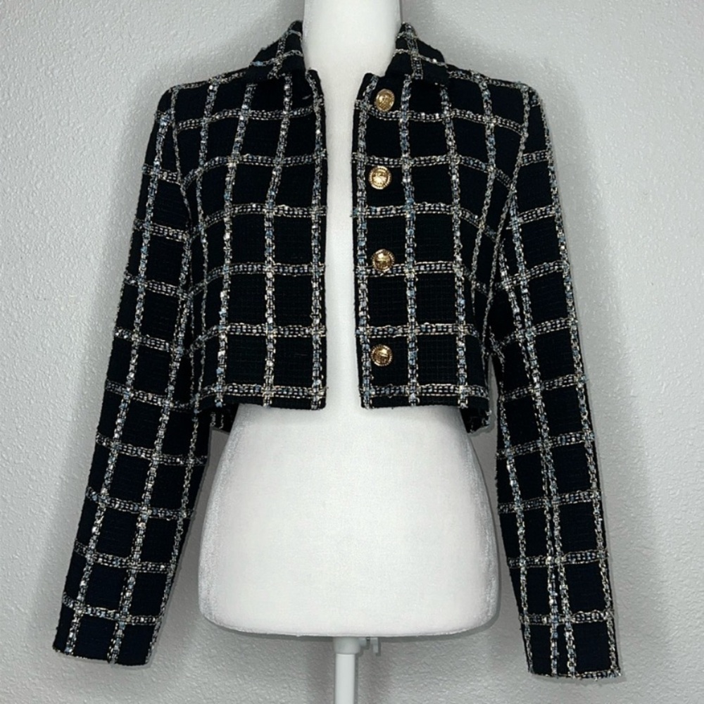 JASON WU Cropped Tweed Plaid Blazer Black Metallic Collard Long Sleeve Preppy 🖤